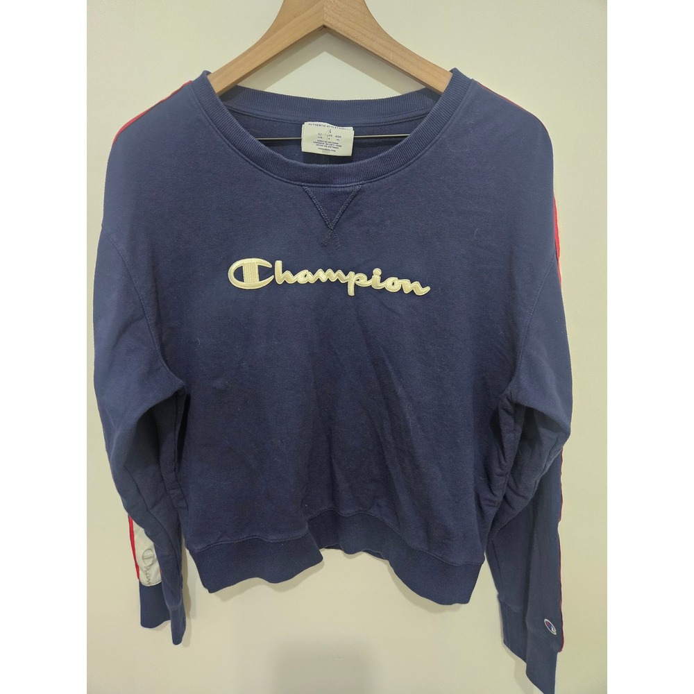 Champion Navy Blue Crew Neck Sweatshirt Embroidered‎ Logo Side Stripe Large